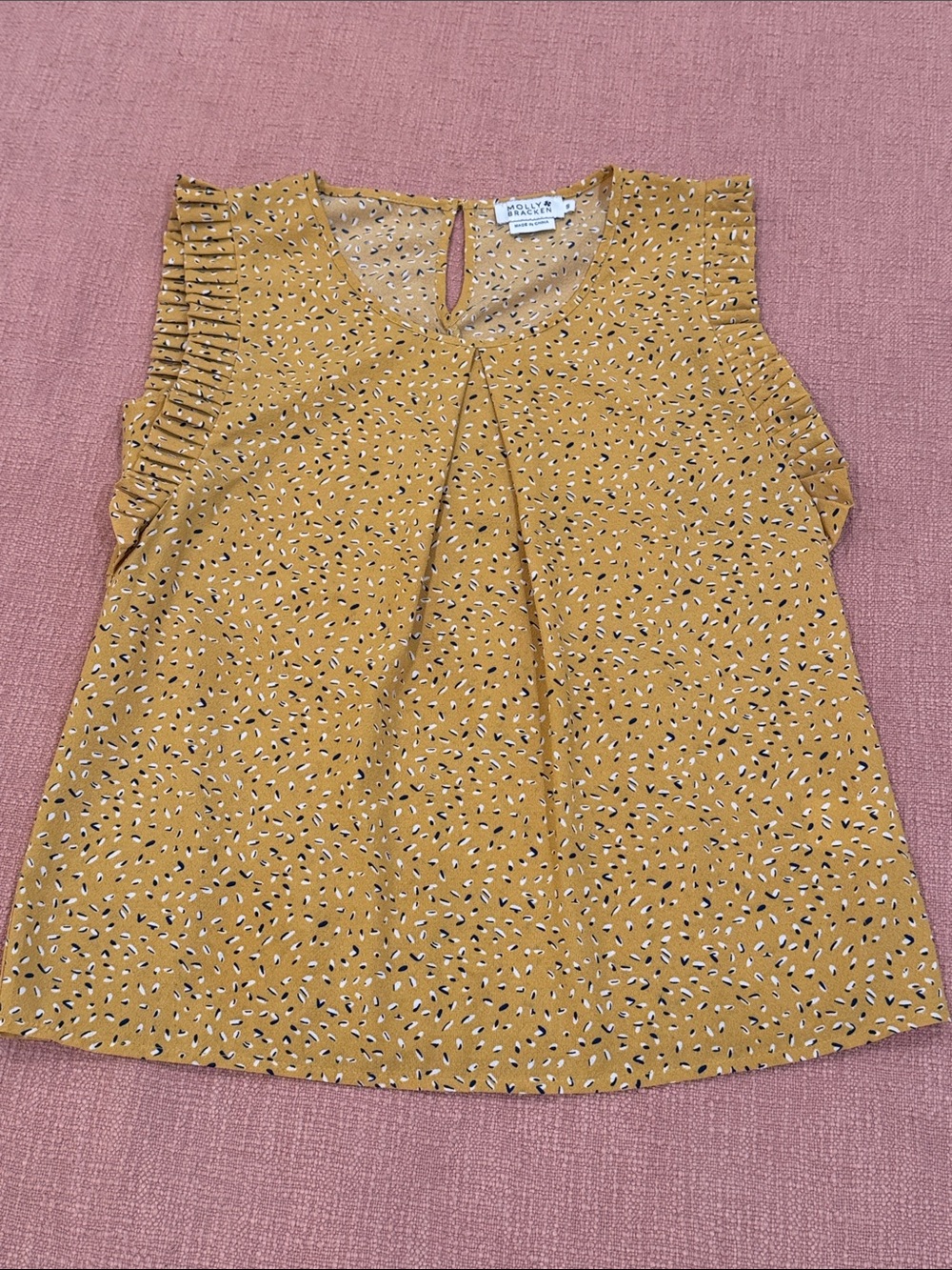 Molly Bracken small wm’s Mustard Printed Ruffle Sleeveless Blouse